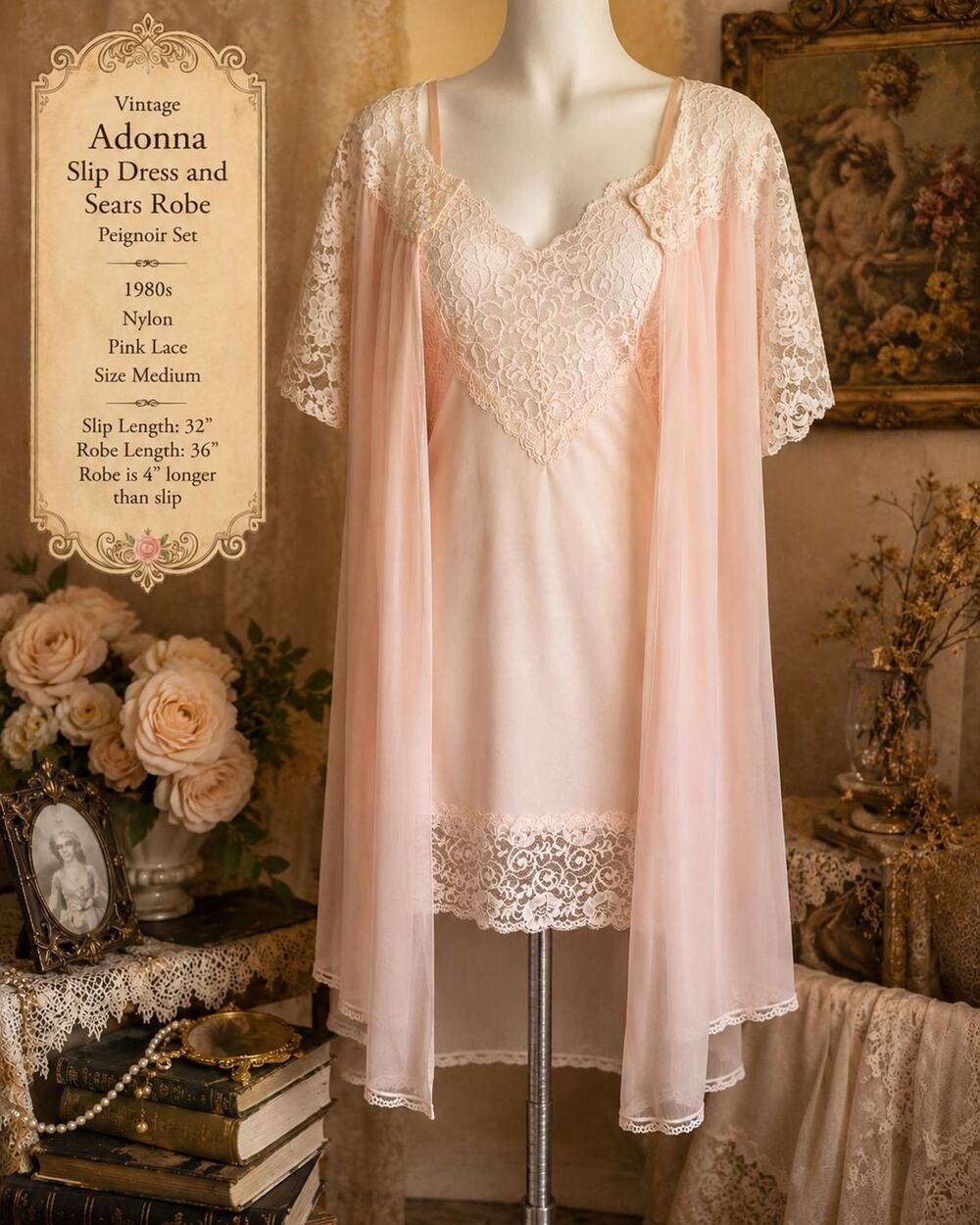 Vintage Adonna Slip Dress and Sears Robe Pink Lace Peignoir Set 1980s Nylon M